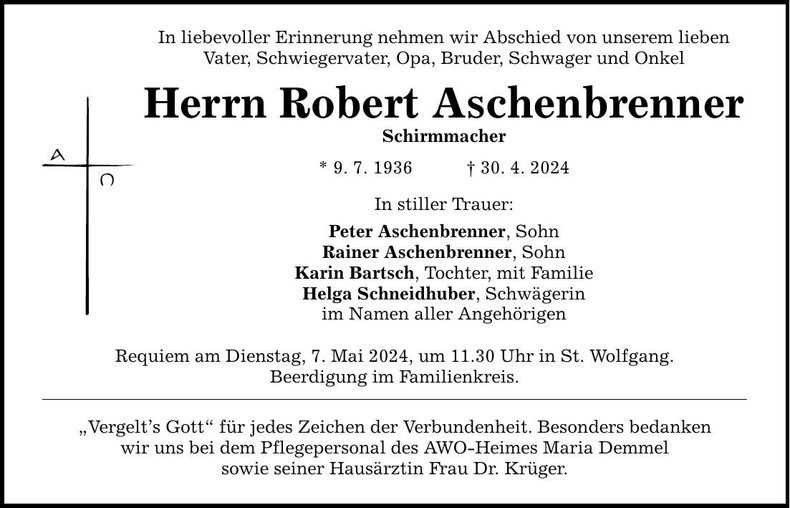 Traueranzeige Robert Aschenbrenner