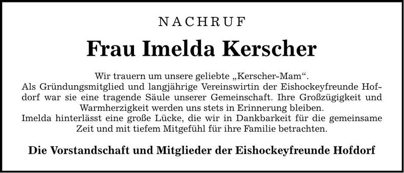 Traueranzeige Imelda Kerscher