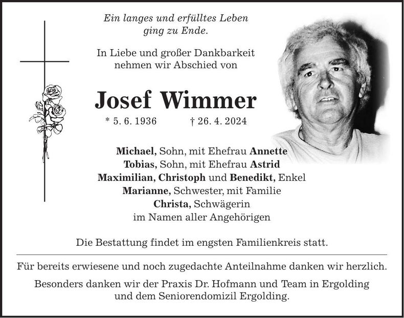 Traueranzeige Josef Wimmer