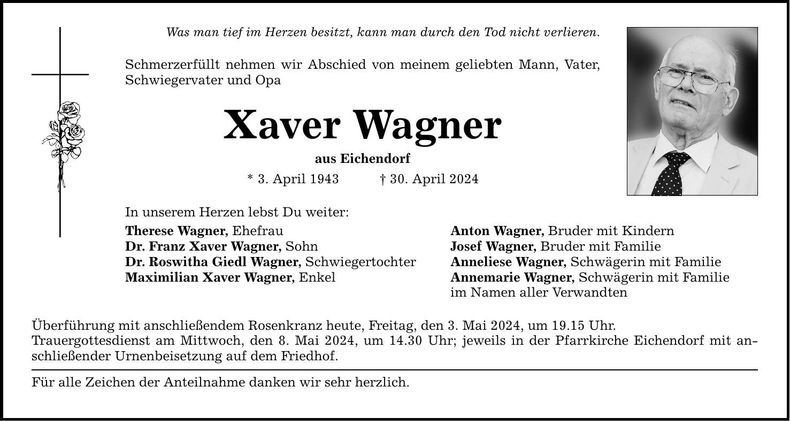 Traueranzeige Xaver Wagner