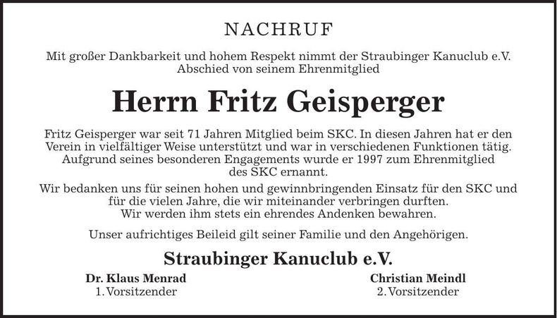 Traueranzeige Fritz Geisperger