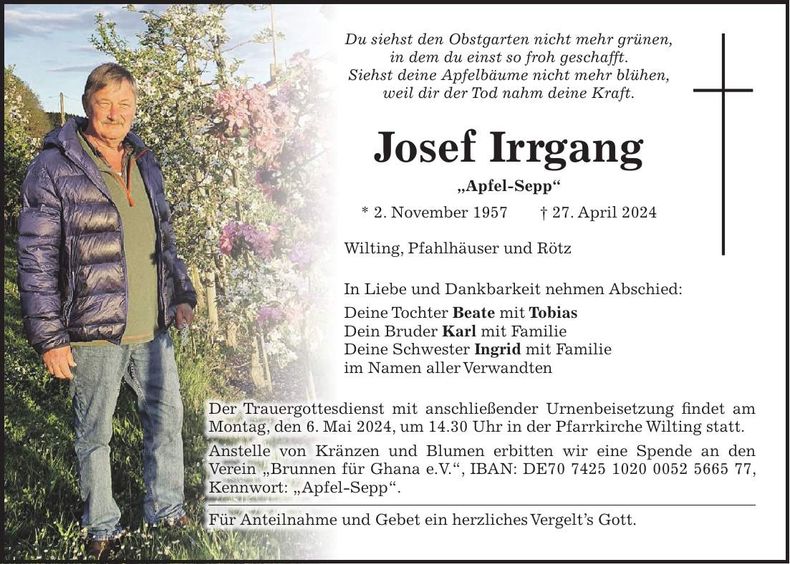 Traueranzeige Josef Irrgang