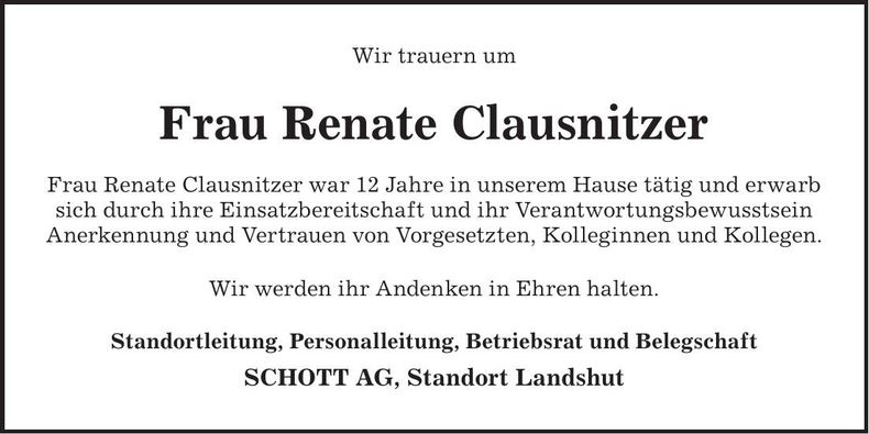 Traueranzeige Renate Clausnitzer