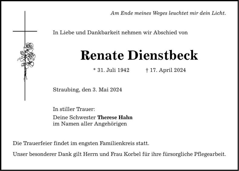 Traueranzeige Renate Dienstbeck