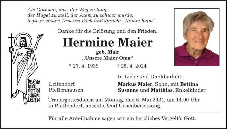 Traueranzeige Hermine Maier