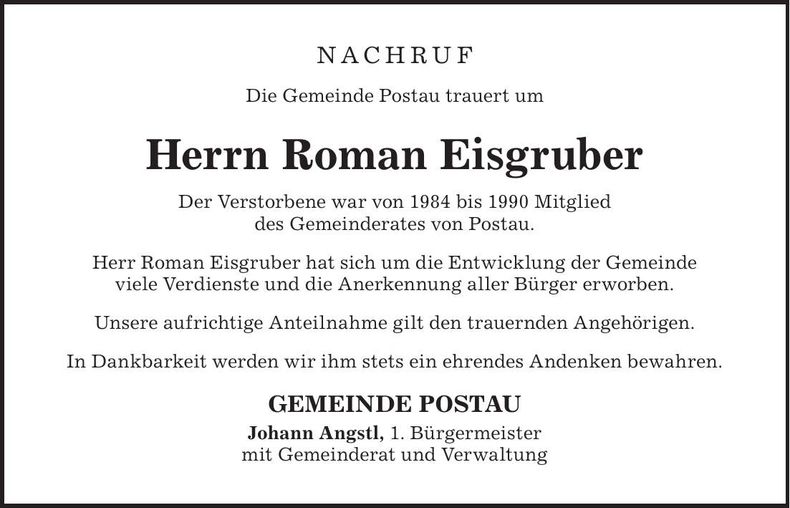 Traueranzeige Roman Eisgruber
