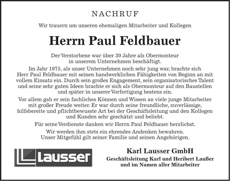 Traueranzeige Paul Feldbauer