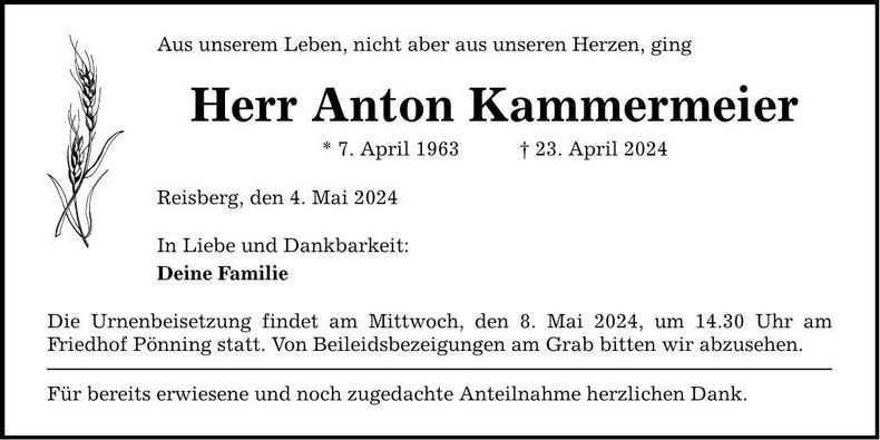 Traueranzeige Anton Kammermeier