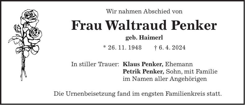 Traueranzeige Waltraud Penker