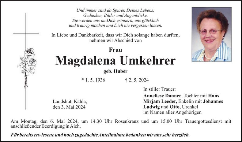 Traueranzeige Magdalena Umkehrer