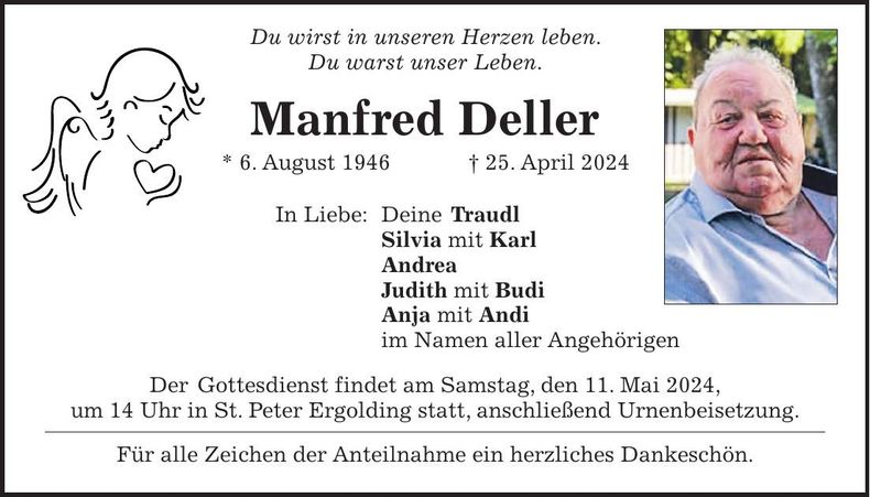 Traueranzeige Manfred Deller