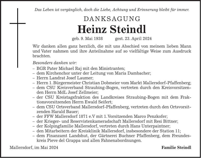 Traueranzeige Heinz Steindl