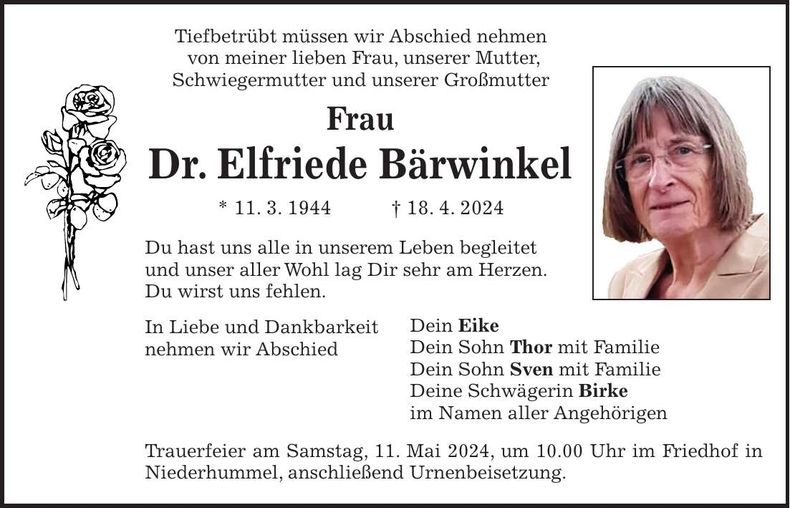 Traueranzeige Elfriede Dr. Bärwinkel