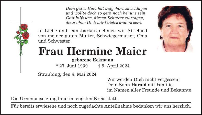 Traueranzeige Herrmine Maier