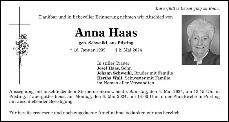 Traueranzeige Anna Haas