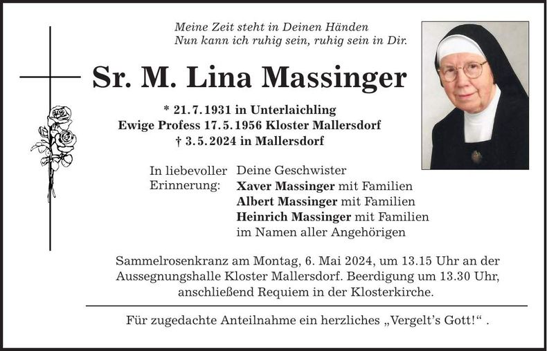 Traueranzeige Sr. M. Lina Massinger