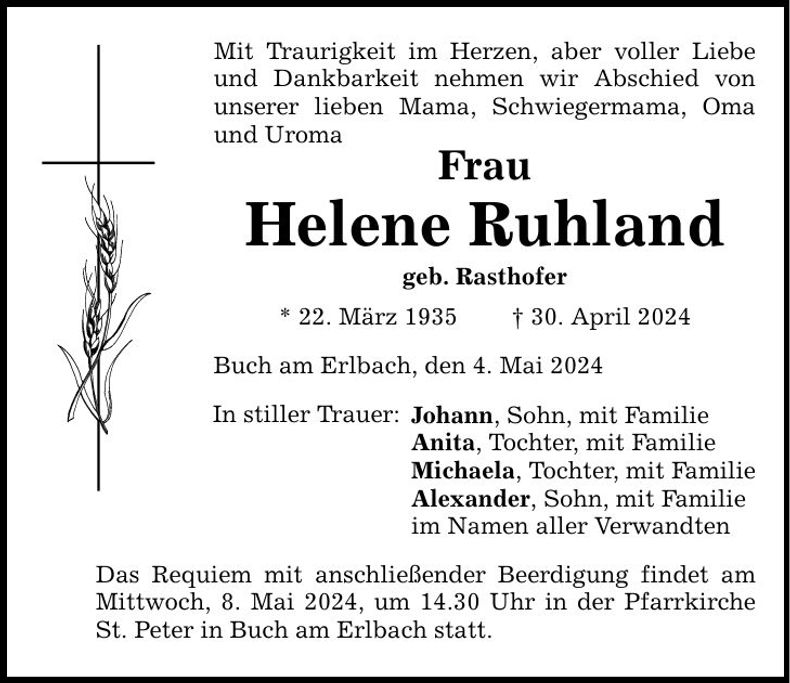 Traueranzeige Helene Ruhland
