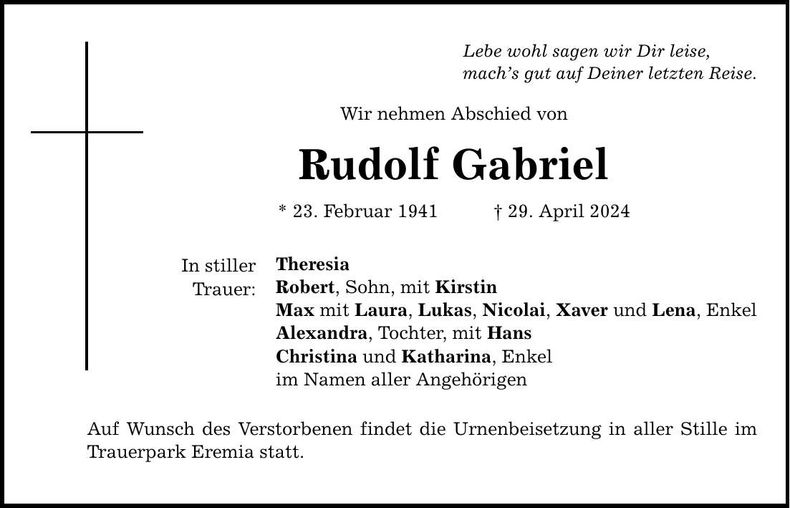 Traueranzeige Rudolf Gabriel