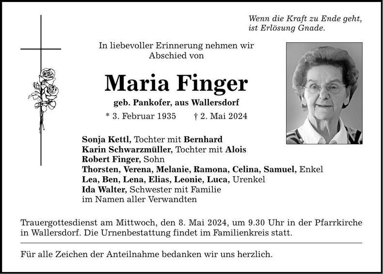 Traueranzeige Maria Finger