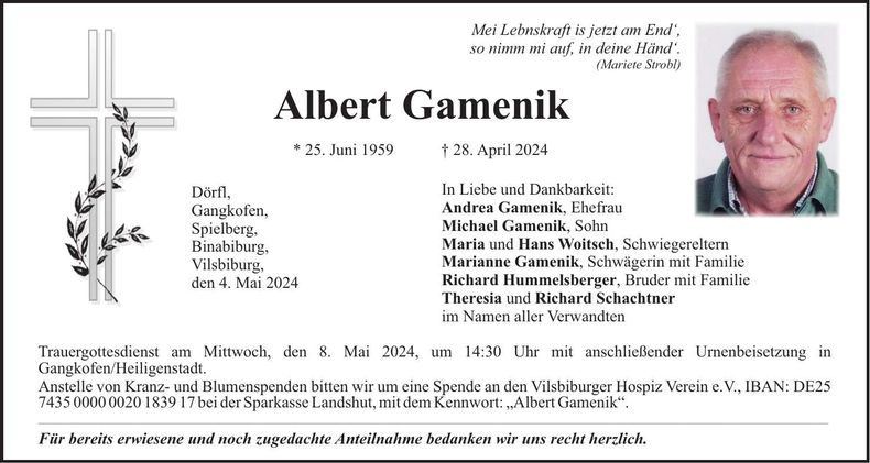 Traueranzeige Albert Gamenik