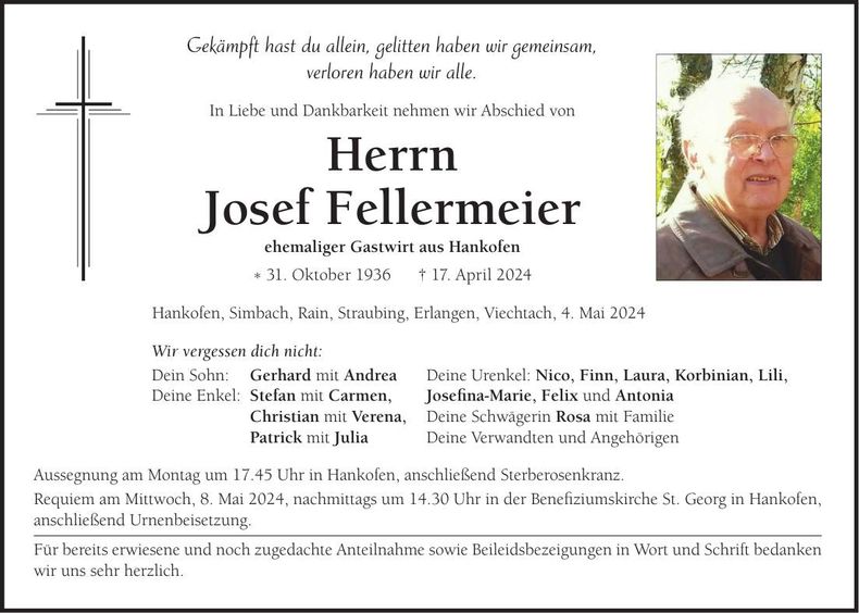 Traueranzeige Josef Fellermeier