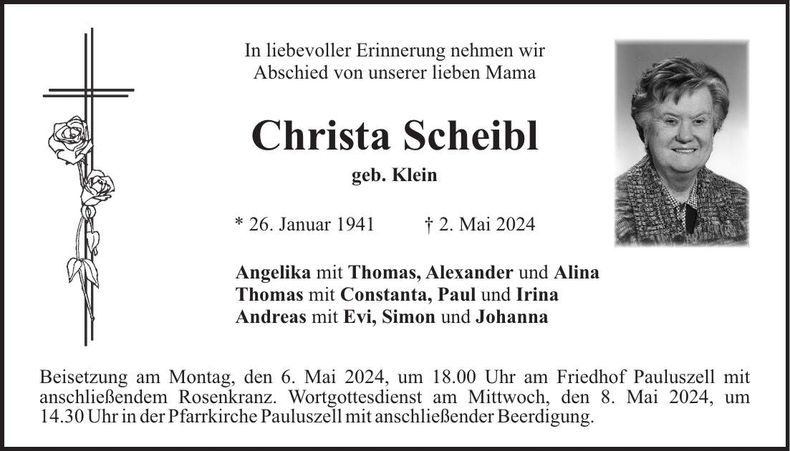 Traueranzeige Christa Scheibl