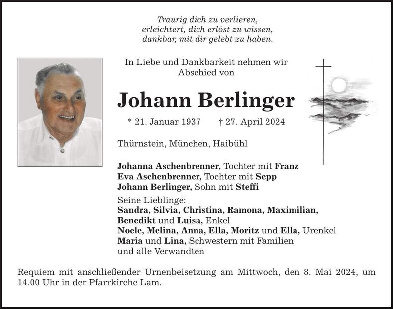 Traueranzeige Johann Berlinger