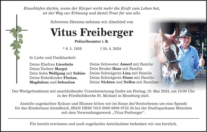 Traueranzeige Vitus Freiberger