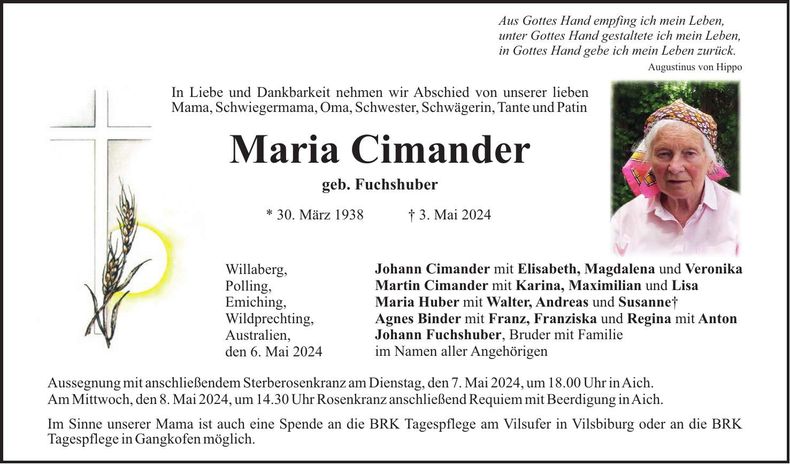 Traueranzeige Maria Cimander