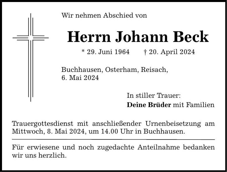 Traueranzeige Johann Beck