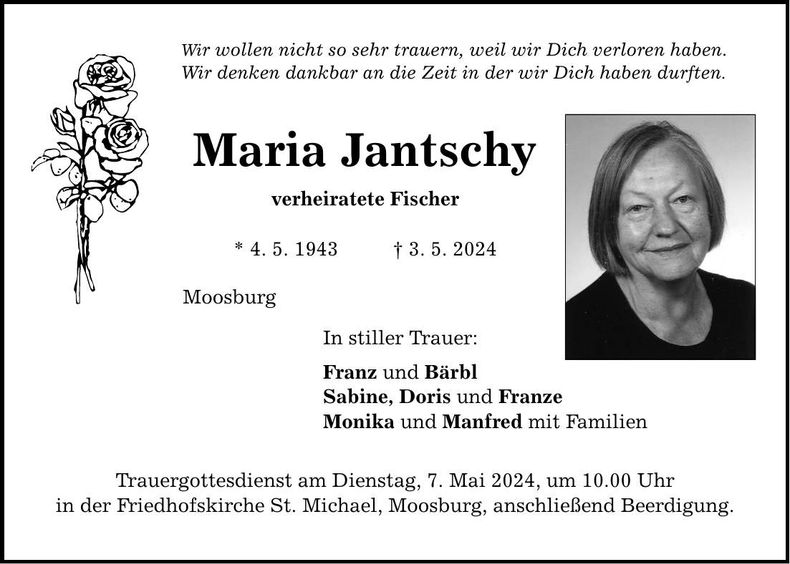 Traueranzeige Maria Jantschy
