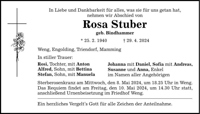 Traueranzeige Rosa Stuber