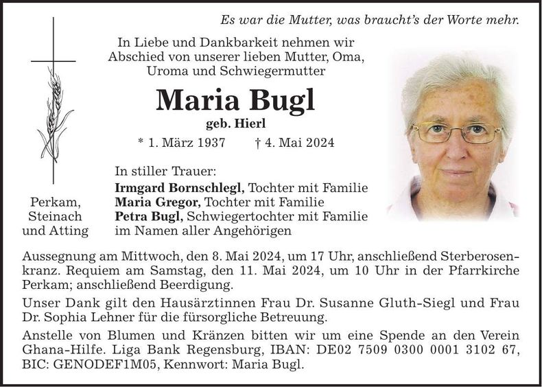 Traueranzeige Maria Bugl