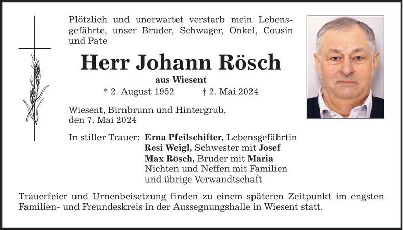 Traueranzeige Johann Rösch