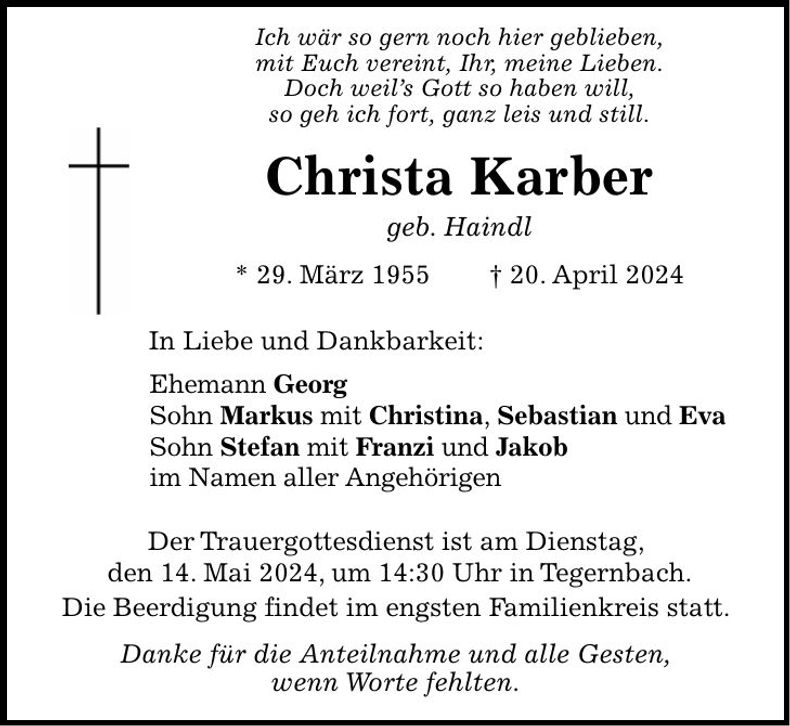 Traueranzeige Christa Karber