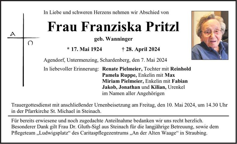 Traueranzeige Franziska Pritzl