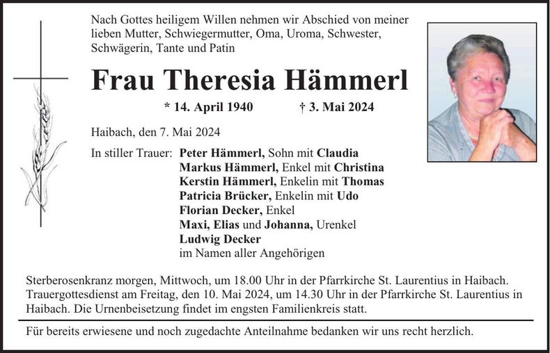 Traueranzeige Theresia Hämmerl