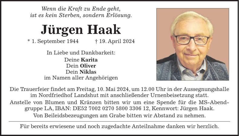 Traueranzeige Jürgen Haak