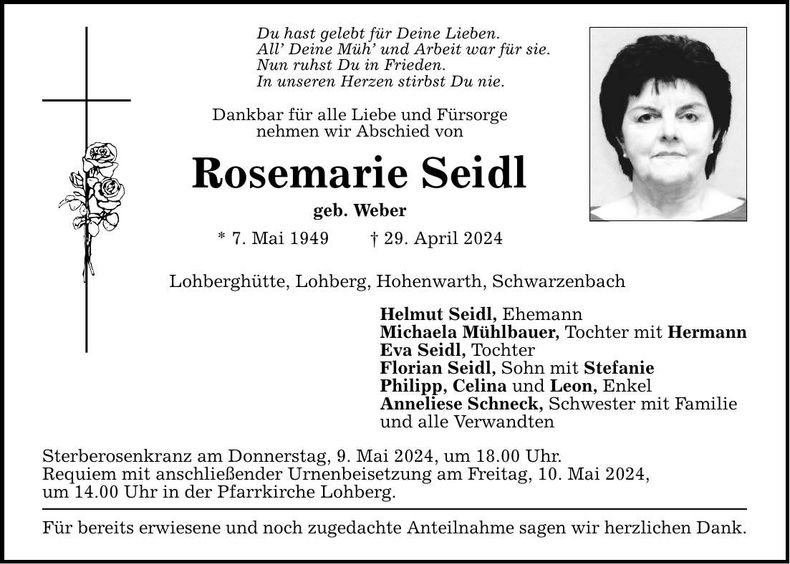 Traueranzeige Rosemarie Seidl