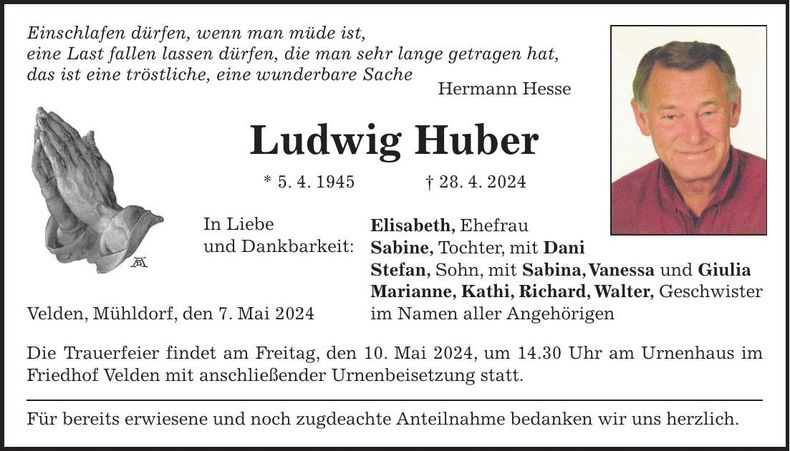 Traueranzeige Ludwig Huber