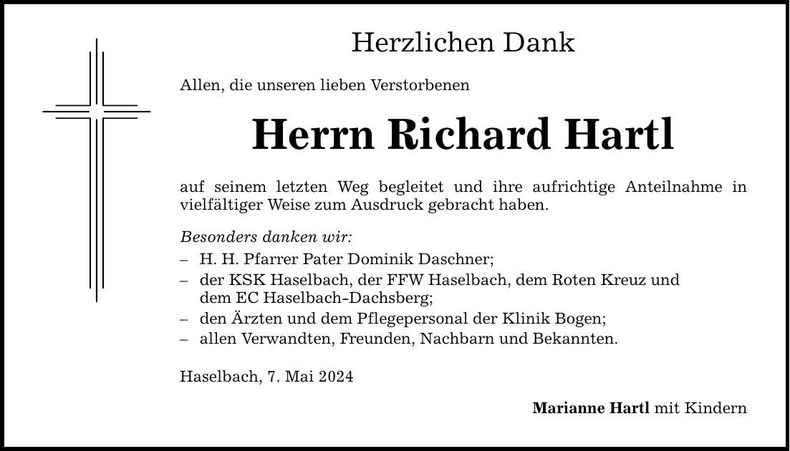 Traueranzeige Richard Hartl