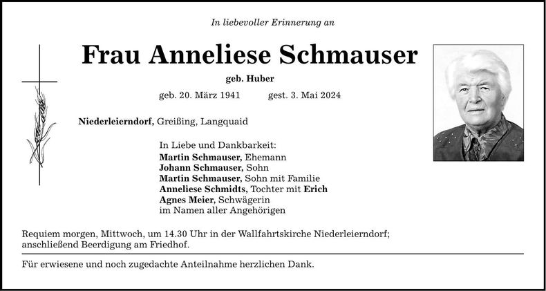 Traueranzeige Anneliese Schmauser