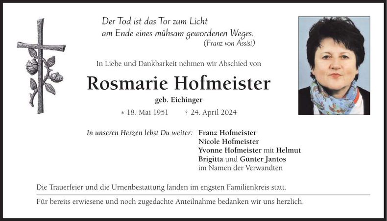 Traueranzeige Rosmarie Hofmeister