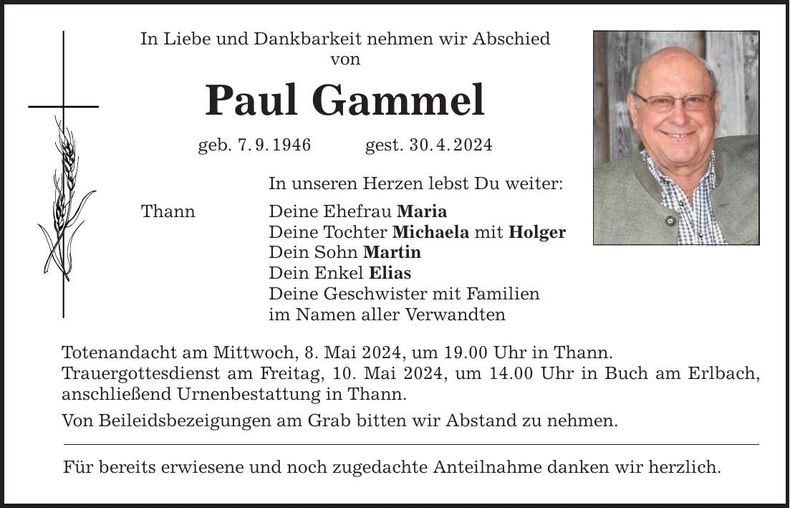 Traueranzeige Paul Gammel