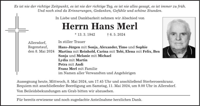 Traueranzeige Hans Merl