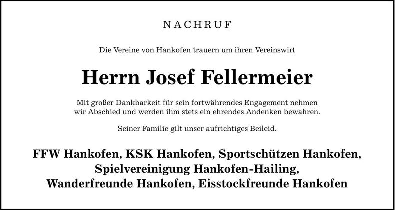 Traueranzeige Josef Fellermeier