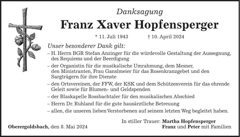 Traueranzeige Franz Xaver Hopfensperger