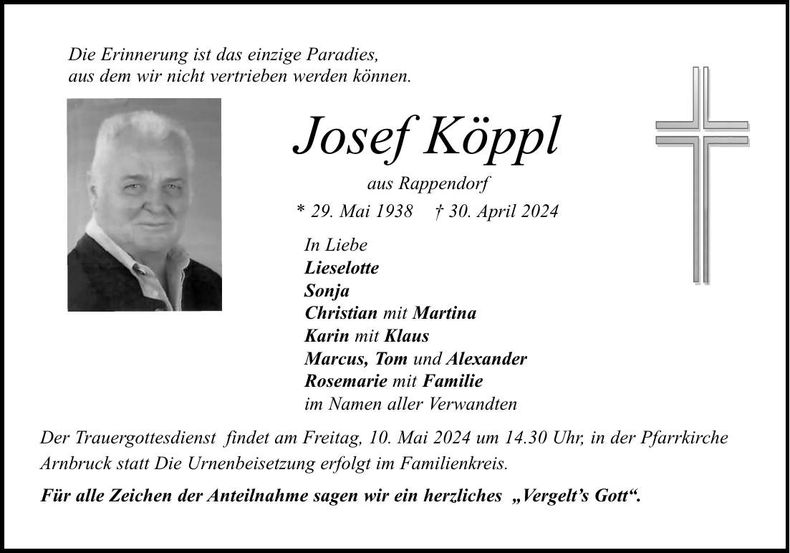 Traueranzeige Josef Köppl
