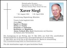 Traueranzeige Xaver Siegl