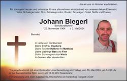 Traueranzeige Johann Biegerl